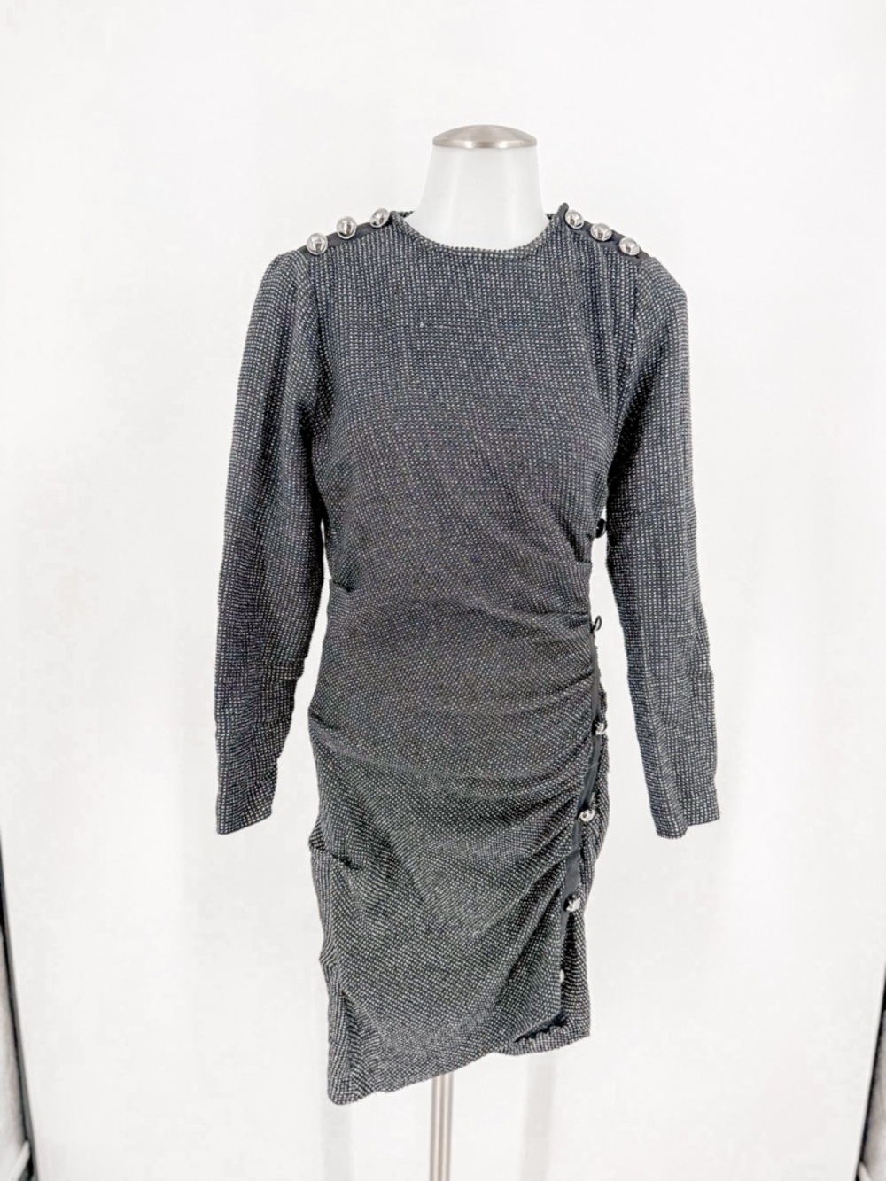 Veronica Beard Silver-Gray Long-Sleeve Ruched Mini Dress